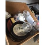 A box of mixed pottery, glassware and pictures