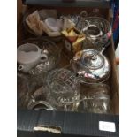 A box of glassware, plated ware and a carriage clock