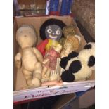 A box containing Dolls, Golly, Teddy bear inc Merrythought