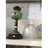Victorian oil lamp brass and green glass with funnel and shade