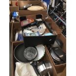 8 boxes of misc kitchenware and household items to include pans, bowls, vases, ornaments, fan,