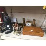 Box, brassware, dog figure, Spanish figure of a woman etc.