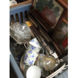 A box of ceramics, ornaments, pictures, china, etc.