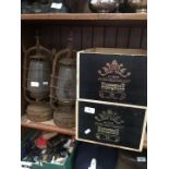 2 French wine boxes and a pair of oil lamps