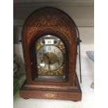 Edwardian inlaid mahogany mitre top mantel clock with brass dial and three train movement, - needing