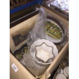 A mixed box of pictures and pottery