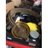 A box of assorted items including metalware, gun cartridge belt etc