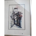 A modern pen and ink with wash, indistinctly signed, framed and glazed.