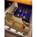 A box of collectable items to include brass ware and plated ware.