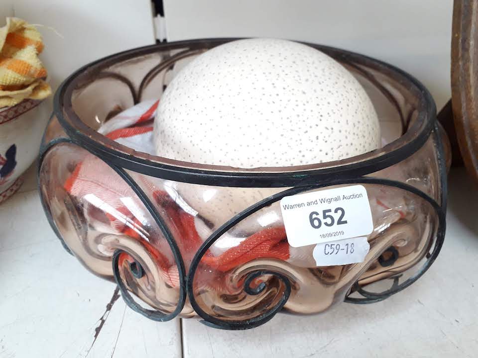 Glass bowl, pottery bowl and two ostrich eggs