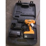 A Maxwerk cordless drill with charger and 2 batteries in case.
