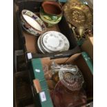 A box containing Aynsley dinnerware and other pottery and a box of glassware