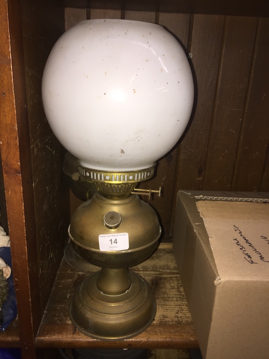 Pair of brass Duplex paraffin / oil lamps, 1 with opal / white globe - no funnel.