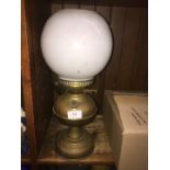 Pair of brass Duplex paraffin / oil lamps, 1 with opal / white globe - no funnel.