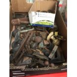 Box of vintage misc items including door fittings, coat hooks etc