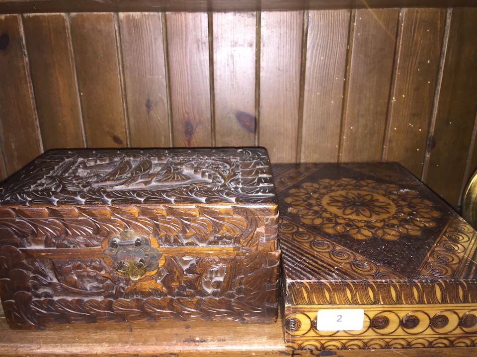 A multicompartmental box and a carved box with metal escutcheon