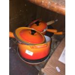 Collection of 6 flambe Le Creuset pots and pan - pots with lids.