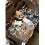 A box of mixed china and glass including Corona ware dressing table items