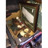 A box of golf memorabilia to include signed glove, 19th hole pub sign, etc.