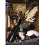 A box of misc to include ornaments, ceramics, pottery, stoneware, glass, Royal Doulton small jug,
