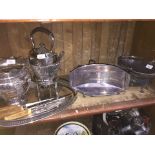 A quantity of silver plated ware comprising a spirit kettle, salver, a Walker & Hall vase, tray,