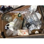 A box of mixed china and glass including deco vase