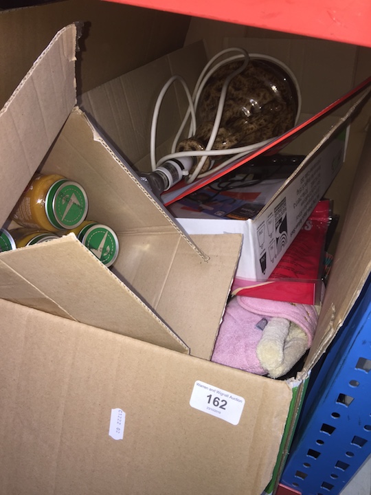 A large box of misc household and other items, some related to car, a pottery lamp, VR kit,