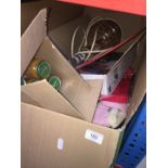 A large box of misc household and other items, some related to car, a pottery lamp, VR kit,
