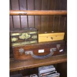 A wooden case with leather handle, tin box with key and a small wooden box with key