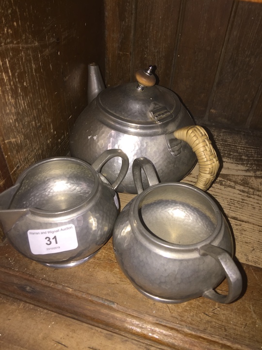 Tudric pewterware tea / coffee 3 piece set.