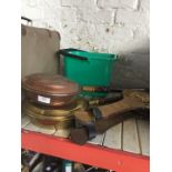 A brass bed warming pan, a copper bed warming pan and brass, leather and wood bellows