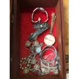 Inlaid wooden box with watches and costume jewellery