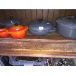 3 grey Le Creuset pots and 2 flambe small pots - all with lids.