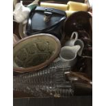 A box of assorted items including vase, binoculars etc