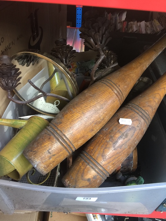 A box of assorted items, Indian clubs, metal watering can, mirror, ornaments, etc.