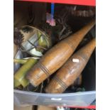 A box of assorted items, Indian clubs, metal watering can, mirror, ornaments, etc.