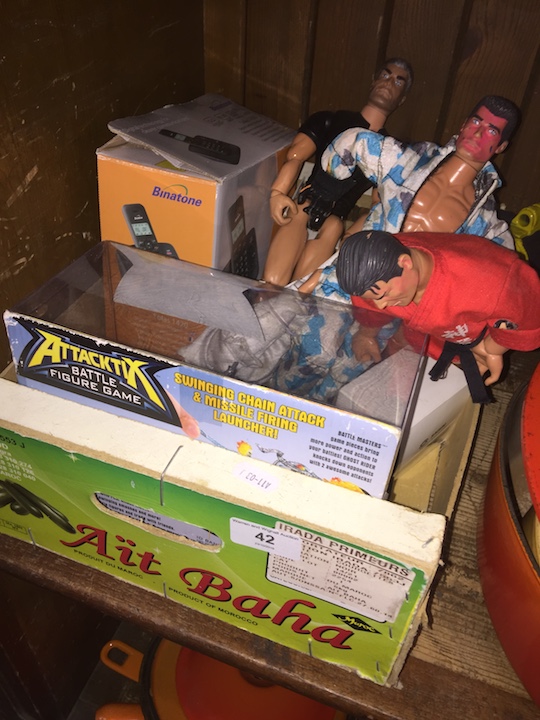 Mixed box including Action men, cordless phone, etc.