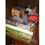 Mixed box including Action men, cordless phone, etc.