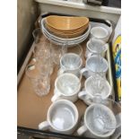 A box containing 6 soup dishes, few other dishes and 8 cut glass tumblers.