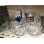 A large glass cake stand, cut glass bowl, centrepiece and other glassware