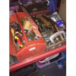 A metal toolbox and a wooden joiner's tray both containing various tools.