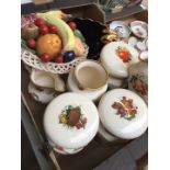 Box of fruit decorated storage jars, vases etc