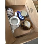 A small box of pottery including Wedgwood jasper ware jug, etc