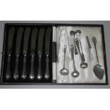 A mixed lot of hallmarked silver comprising a cased set of six silver handled knives, sugar tongs,