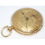 A hallmarked 18ct gold pocket watch with engraved dial having Roman Numerals and seconds subsidiary,