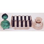 Three pieces of glassware comprising an Art Deco malachite glass scent bottle, an Art Deco vase