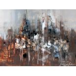 Julian D Fisher (South African 20th century), abstract city skyline, oil on board, 39cm x 29cm,