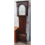 A late 18th century Scottish 8 day mahogany long case clock, flat top with dentilated cornice,