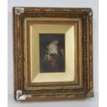 19th century school, portrait of an old man smoking, oil on board, 9cm x 13cm, unsigned, framed 26cm