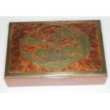 A continental brass inlaid walnut cigar box, length 21cm.